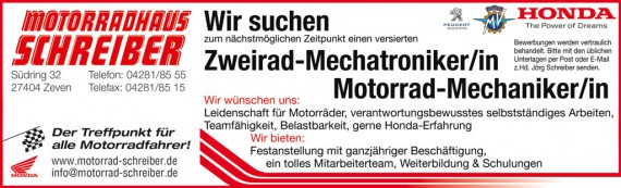 Hier zum Abgleich das offizielle Stelleangebot von Honda Schreiber!