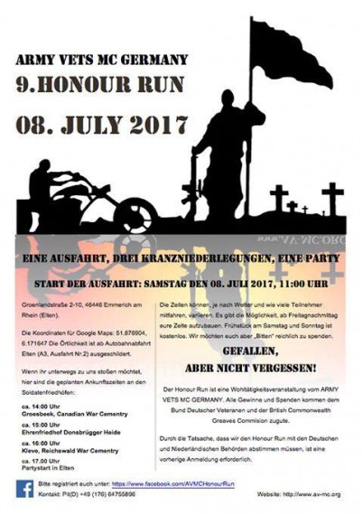 Nächsten Samstag startet der 9. Honour run des Army Vets MC Germany.